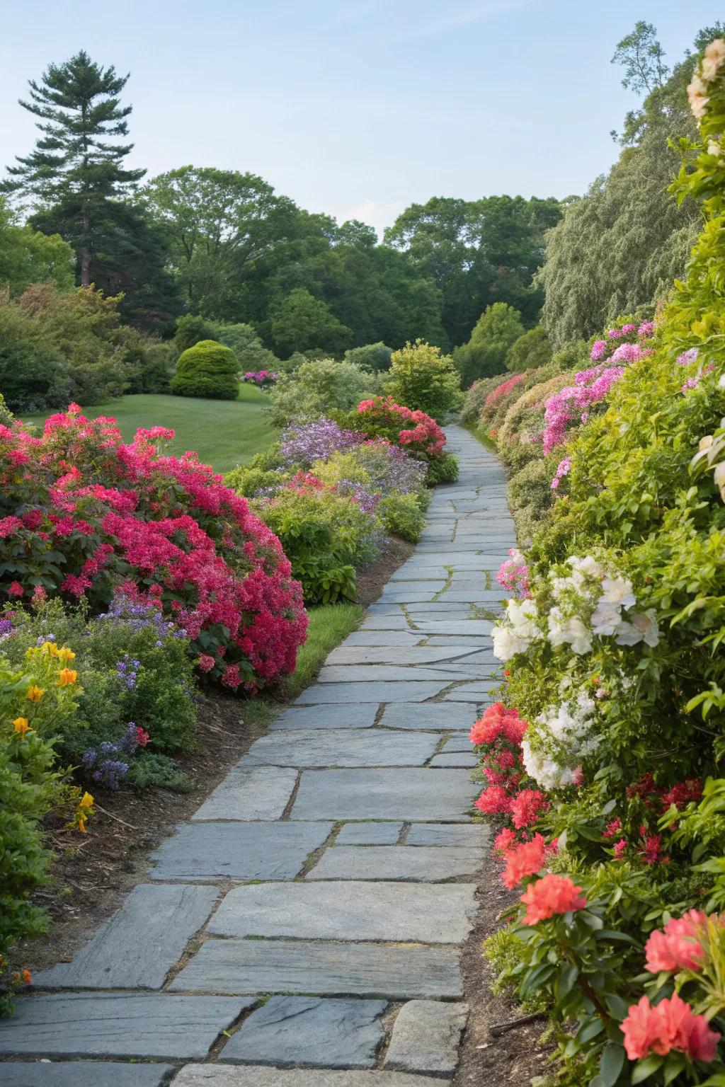 Floral borders bring color and life to bluestone walkways.