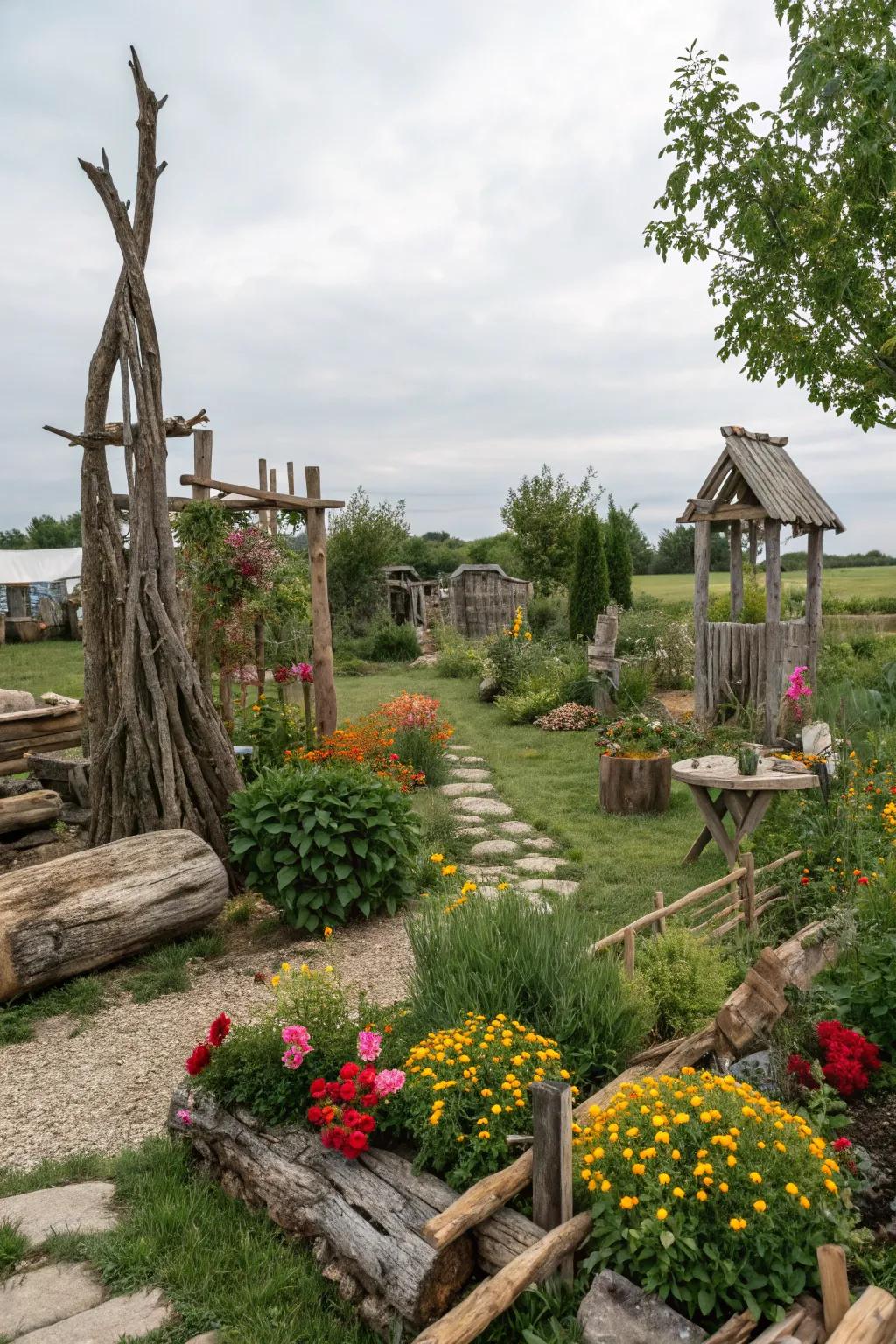 Natural driftwood adding an organic touch to the garden.