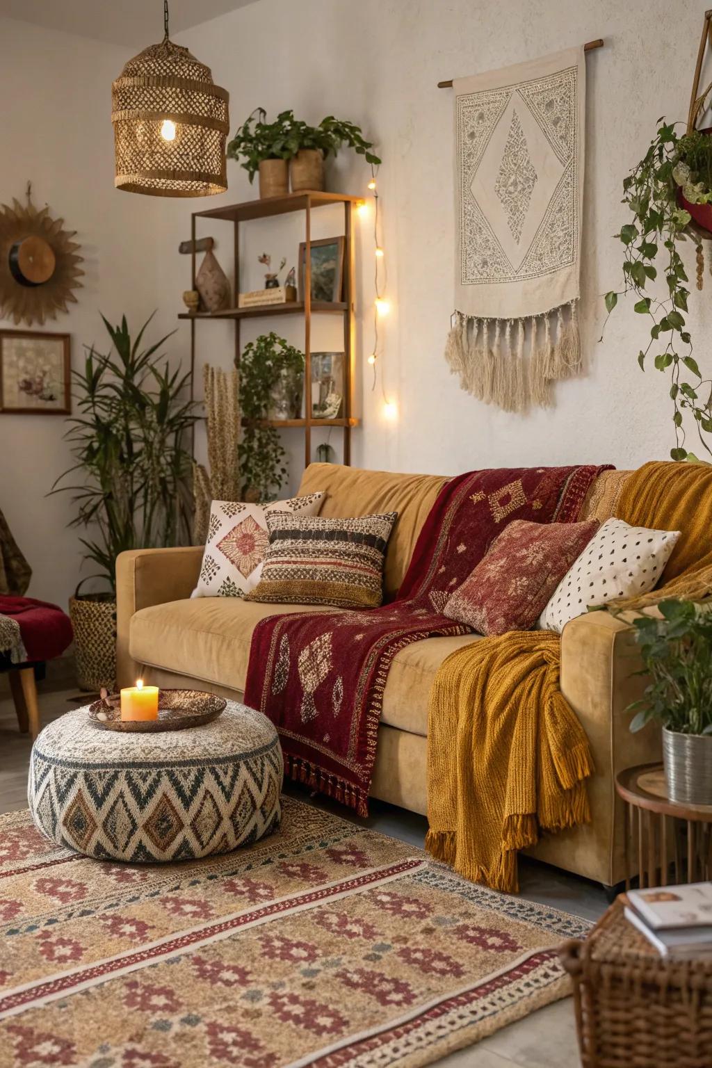 Textured fabrics add depth and richness to boho interiors.