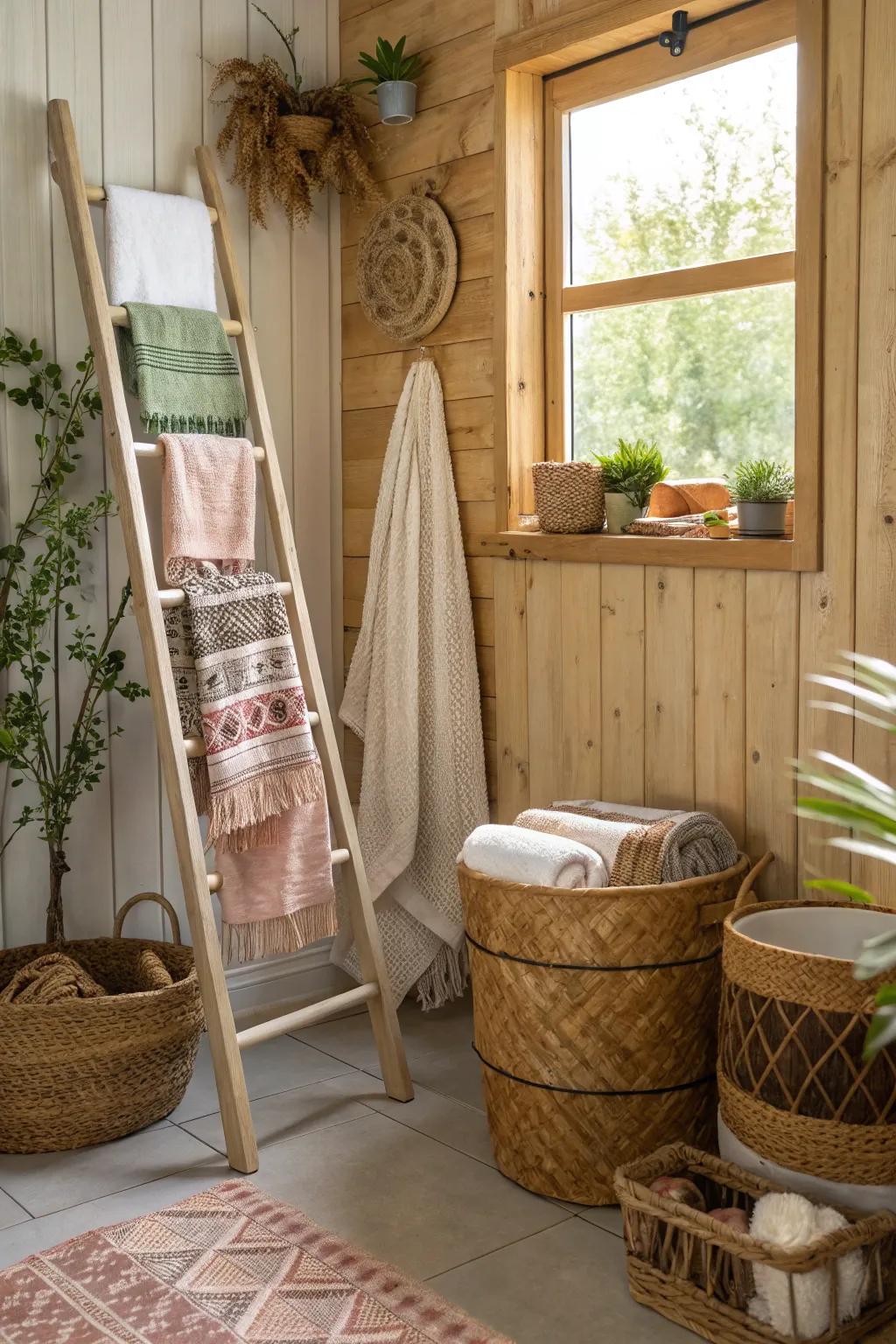 Boho towel displays combine practicality with style.