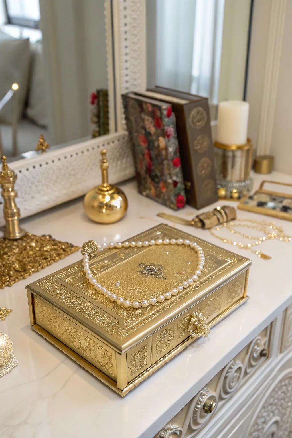 A glamorous gold book box adds a touch of luxury.