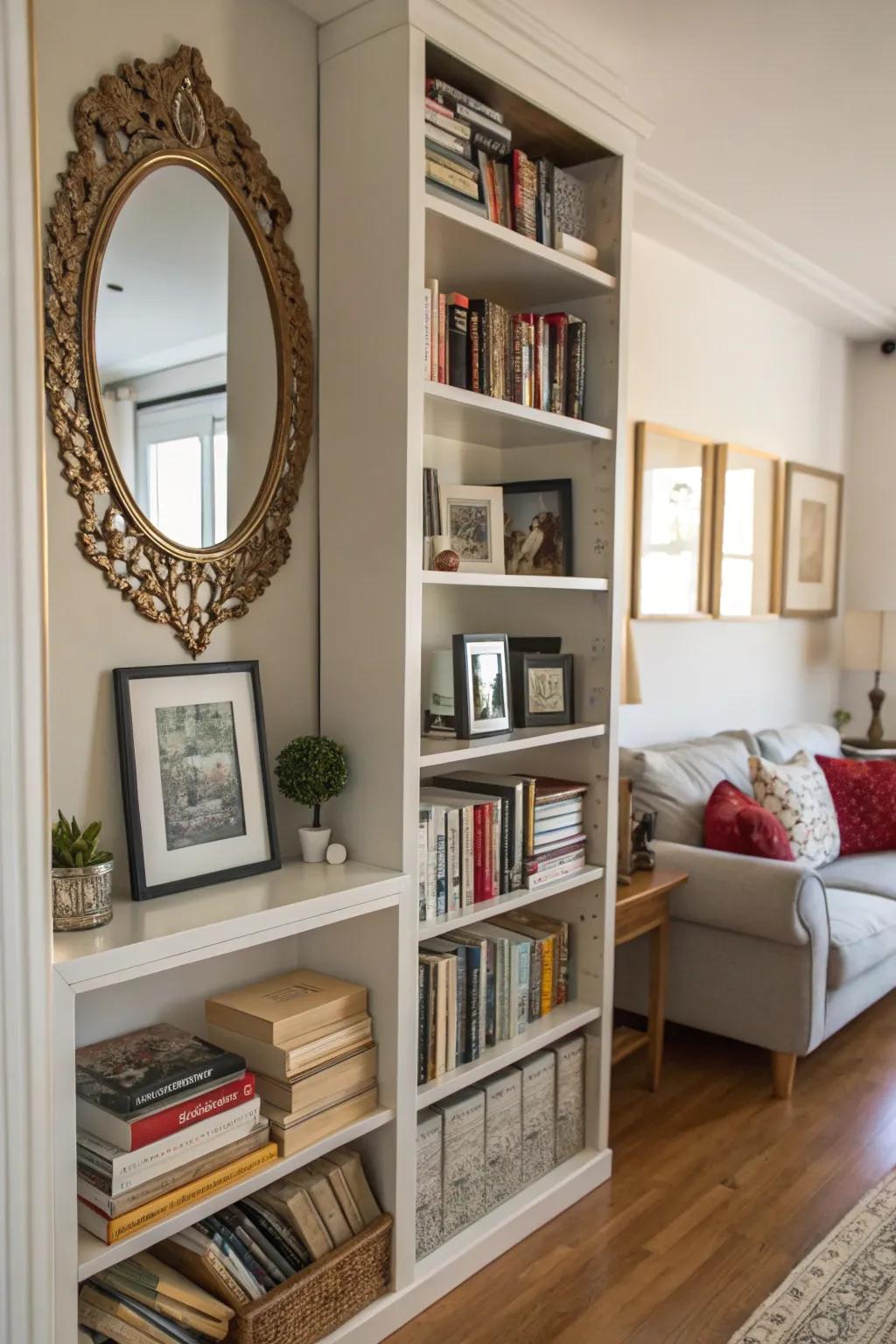 Mirrors add depth and brightness to bookshelves.