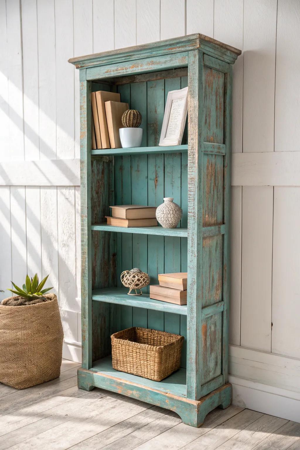 Transform your shelves into rustic treasures with a distressed paint finish—where simplicity meets vintage charm.