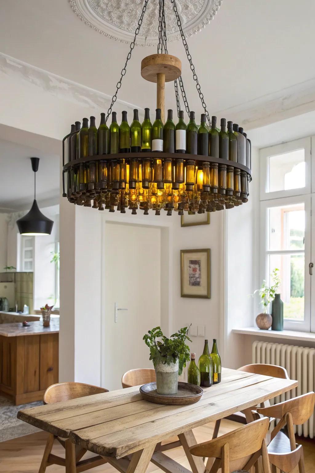 Transform your dining space with this stunning DIY wine bottle chandelier, where industrial chic meets minimalist elegance.
