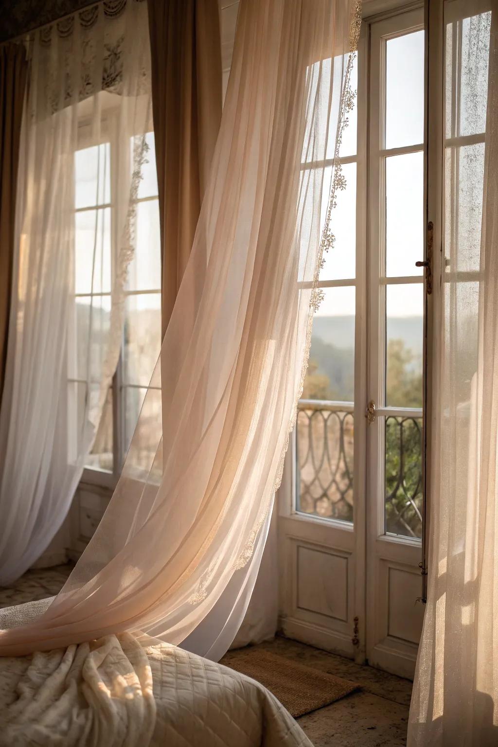 Sheer fabrics cast an ethereal light, perfect for a dreamy boudoir.