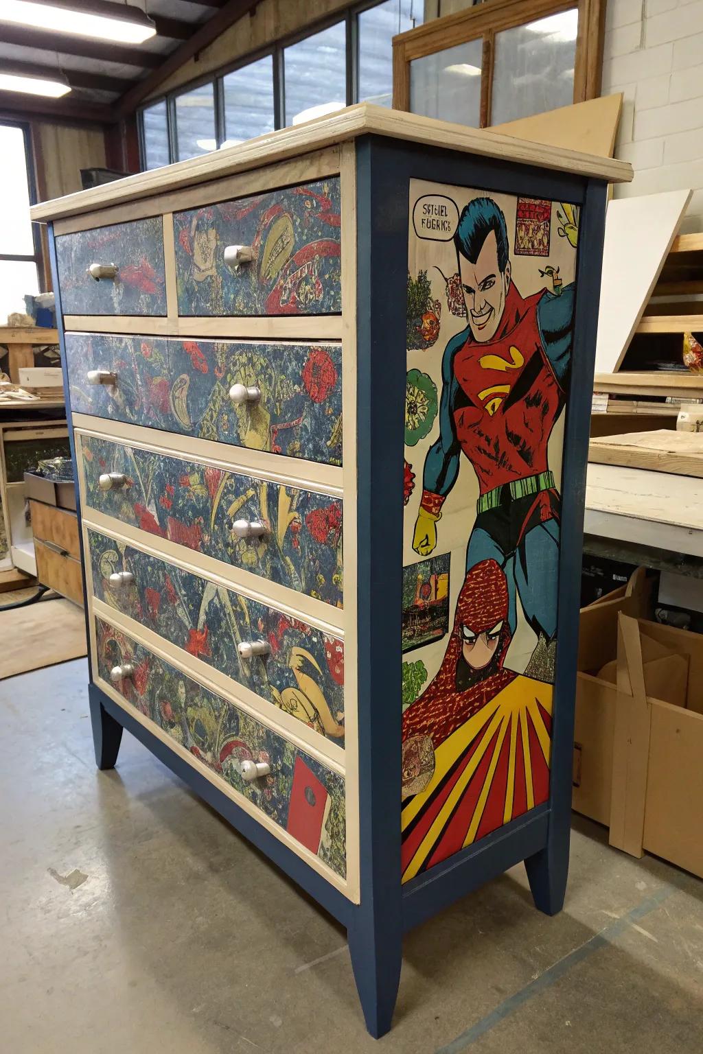 Transform your child's space with a superhero-themed DIY dresser, showcasing the art of decoupage craftsmanship.