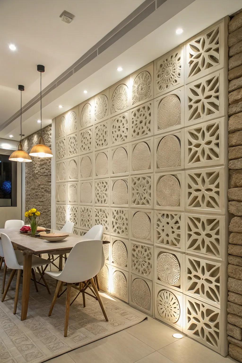 An interior wall enhanced by a textured breeze block feature.