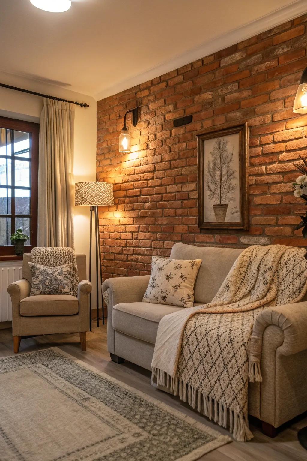 Layered textures add softness to the brick backdrop.