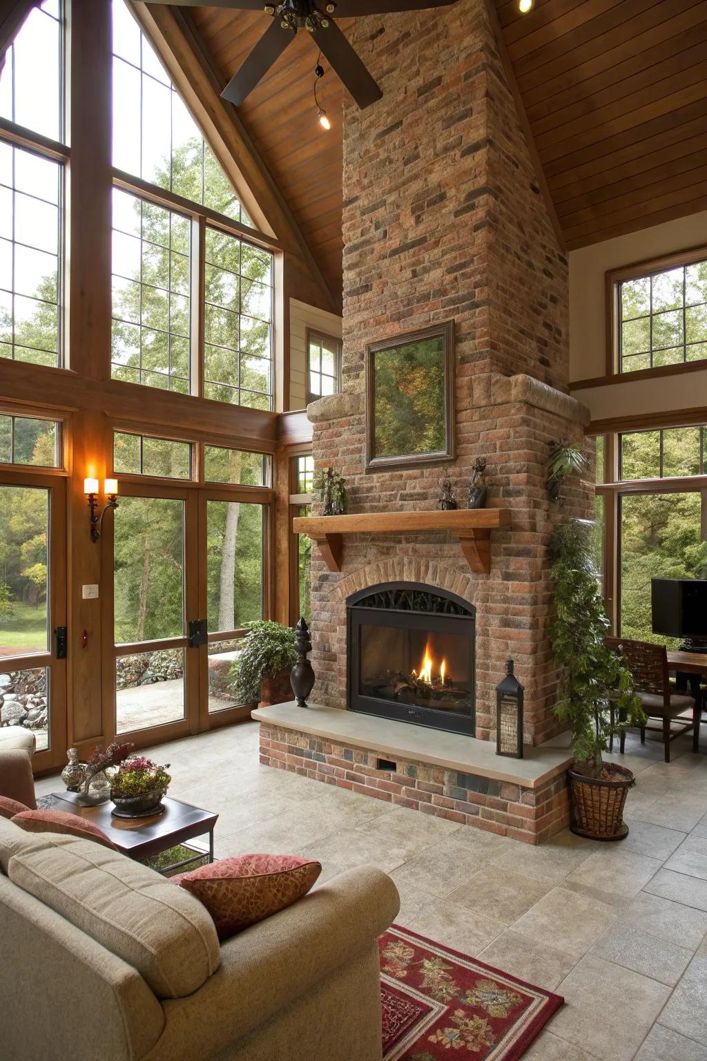 Functional and stylish double-sided brick fireplace.