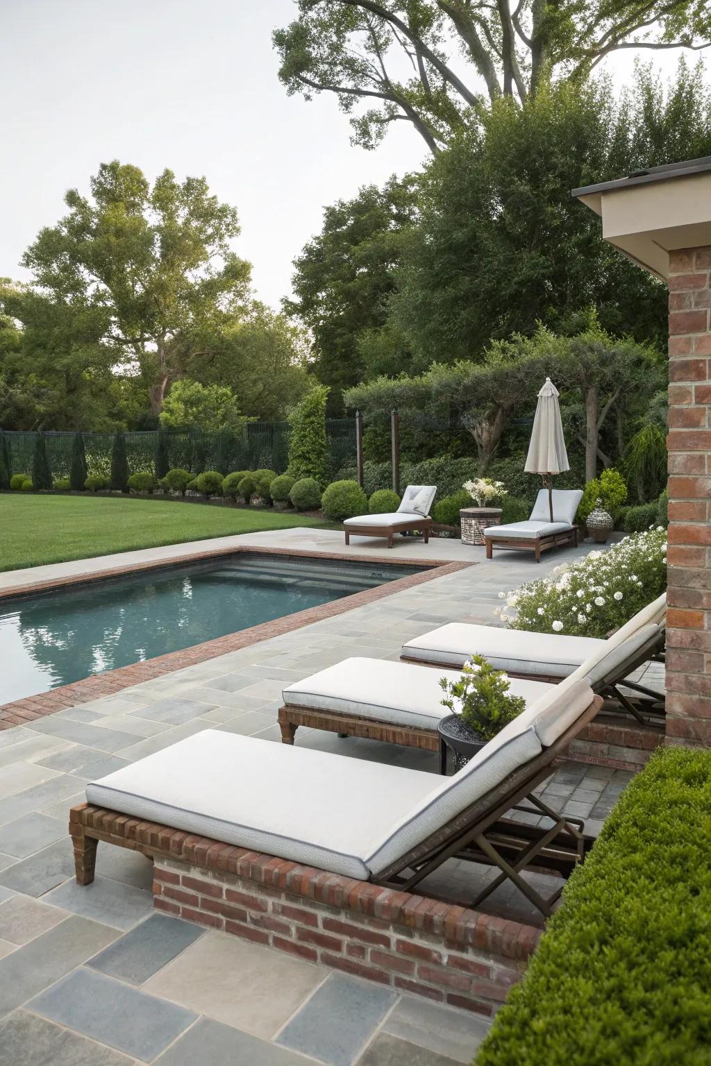 A brick-trimmed pool patio combines tradition with modern aesthetics.