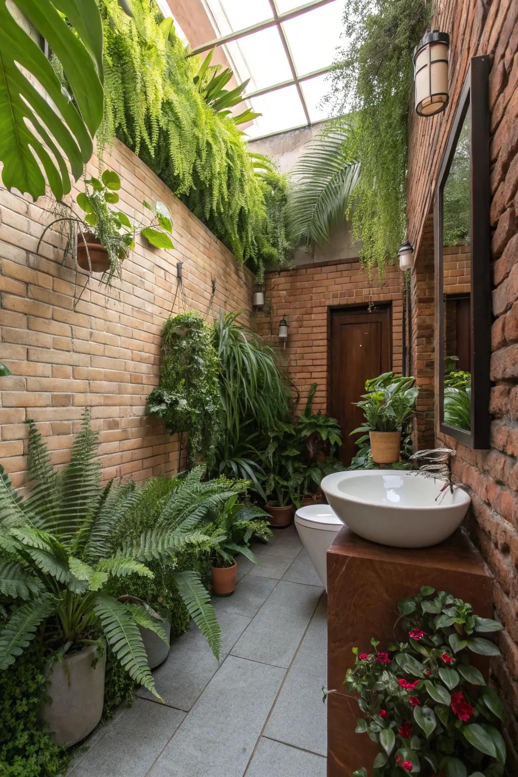 Brick walls and lush plants create a nature-inspired bathroom retreat.