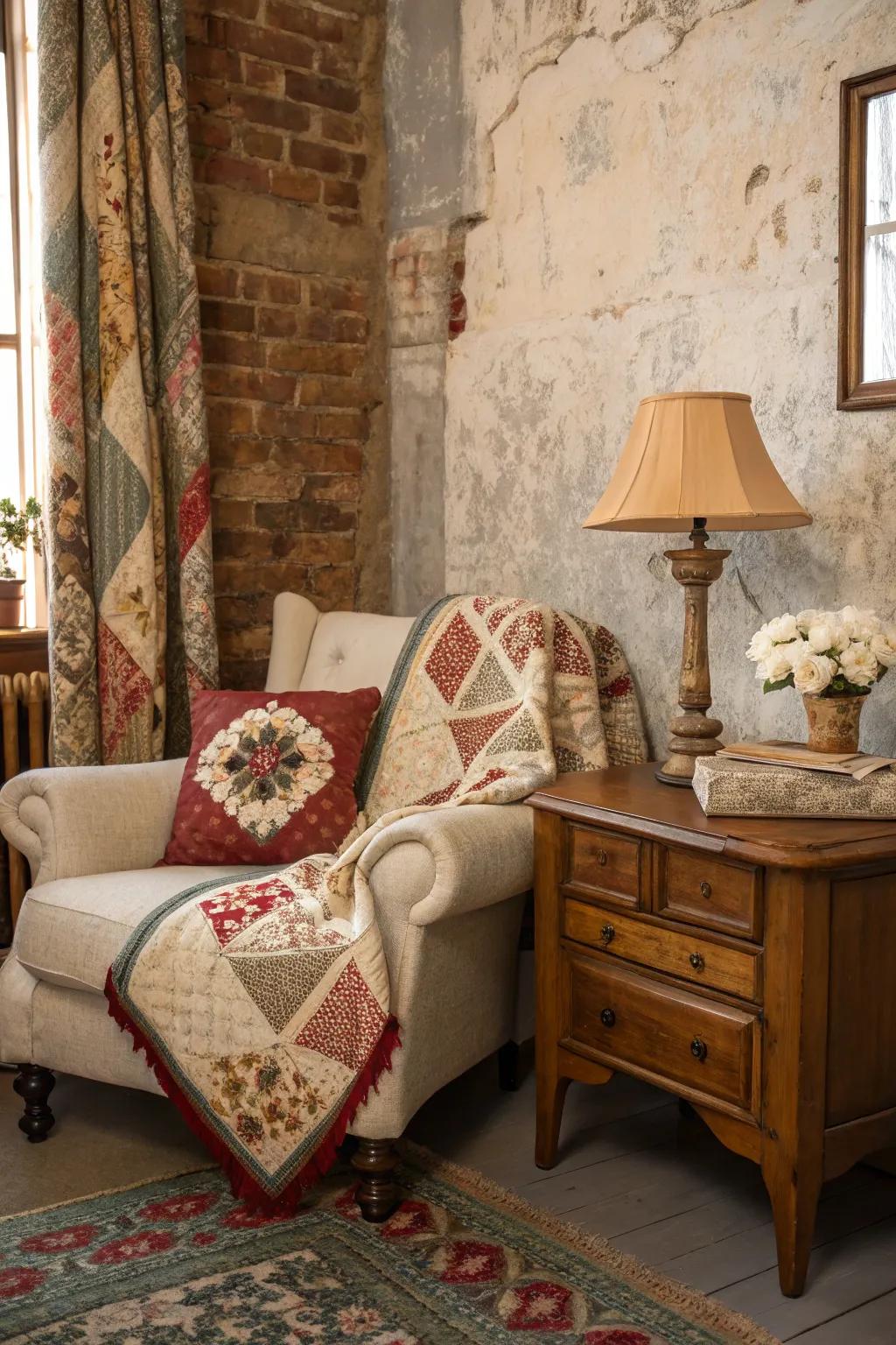 Vintage decor enhances the historical charm of the exposed brick wall.