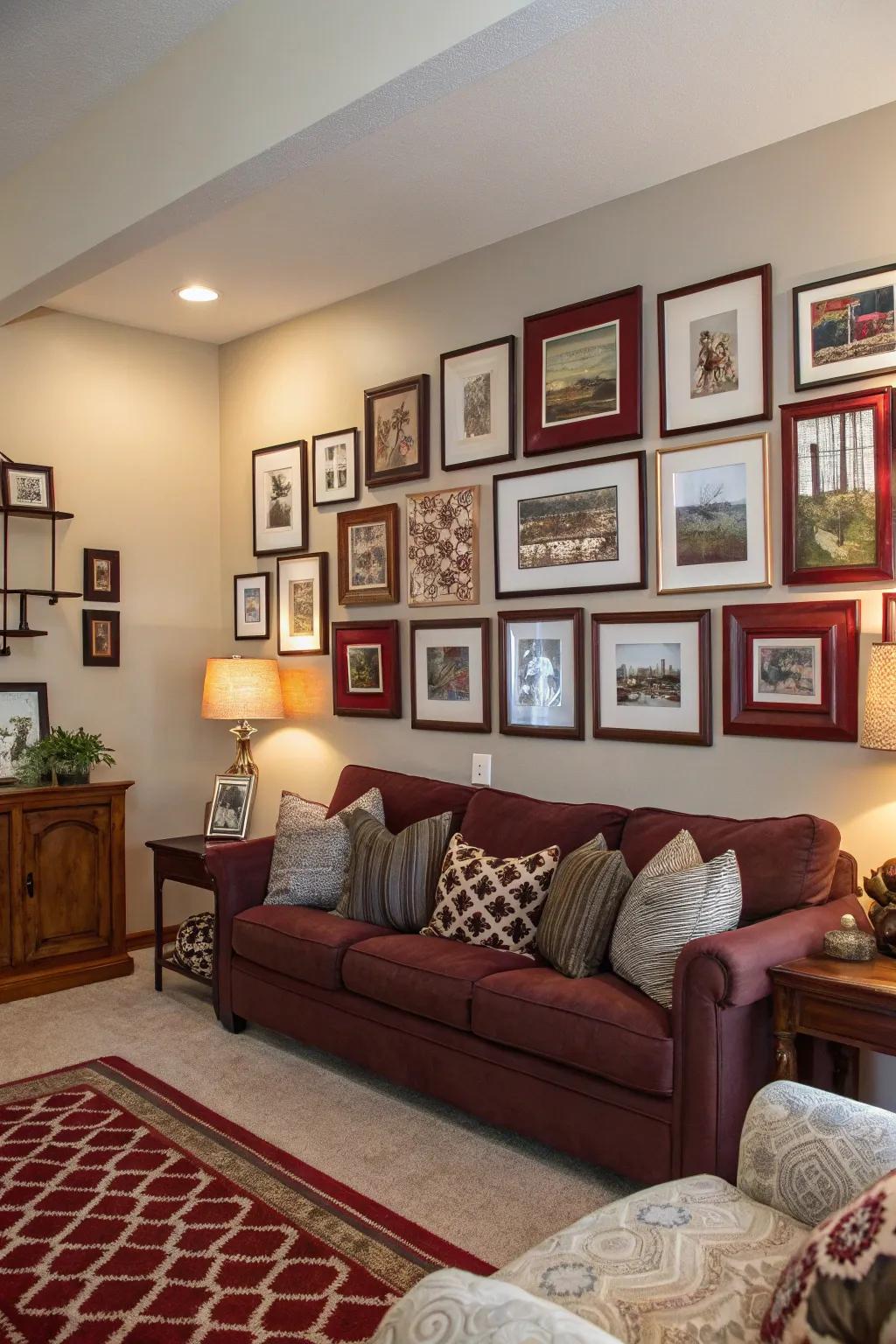 A gallery wall adds a personal and dynamic element to living room decor.