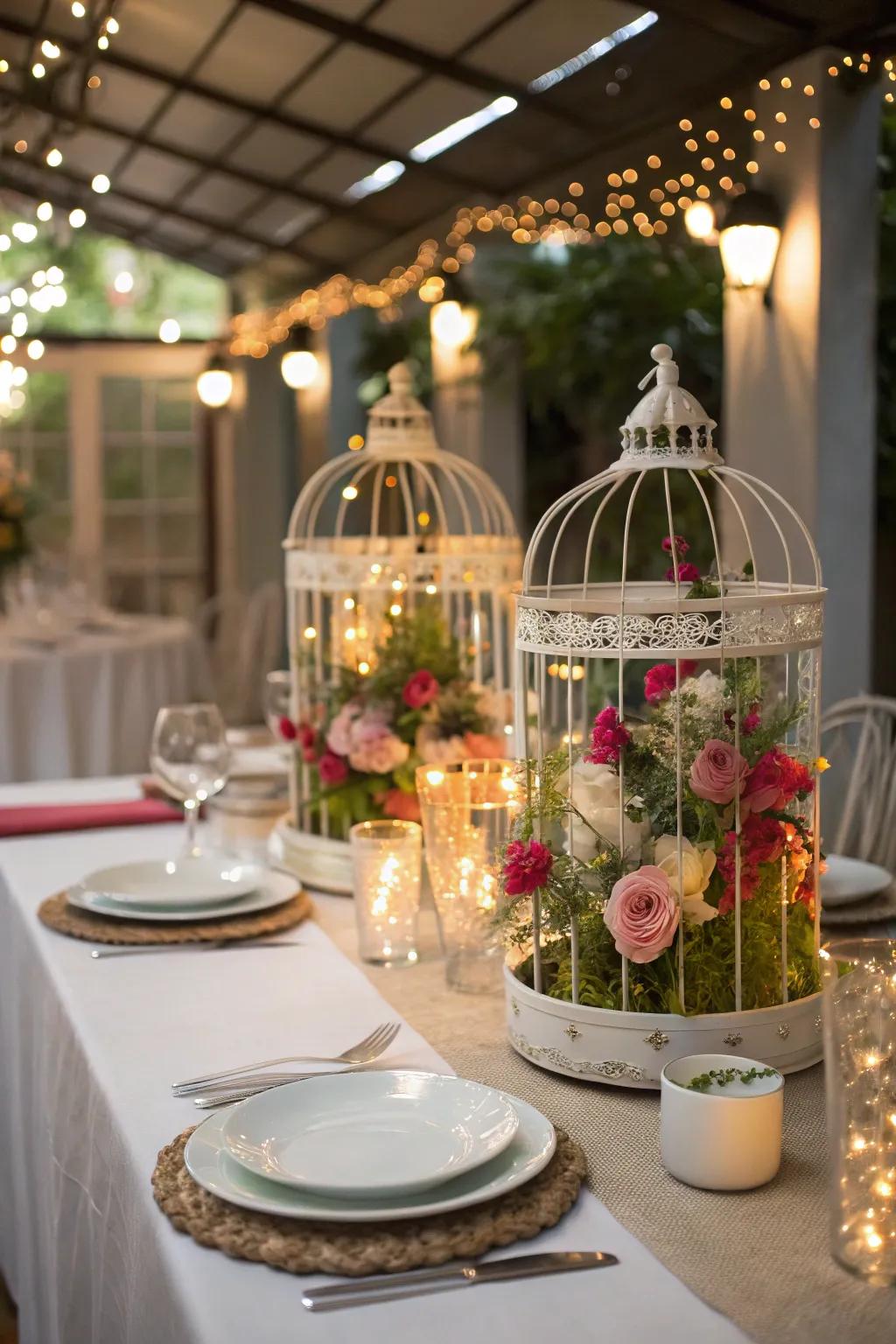 A brunch table featuring whimsical birdcage centerpieces filled with flowers.