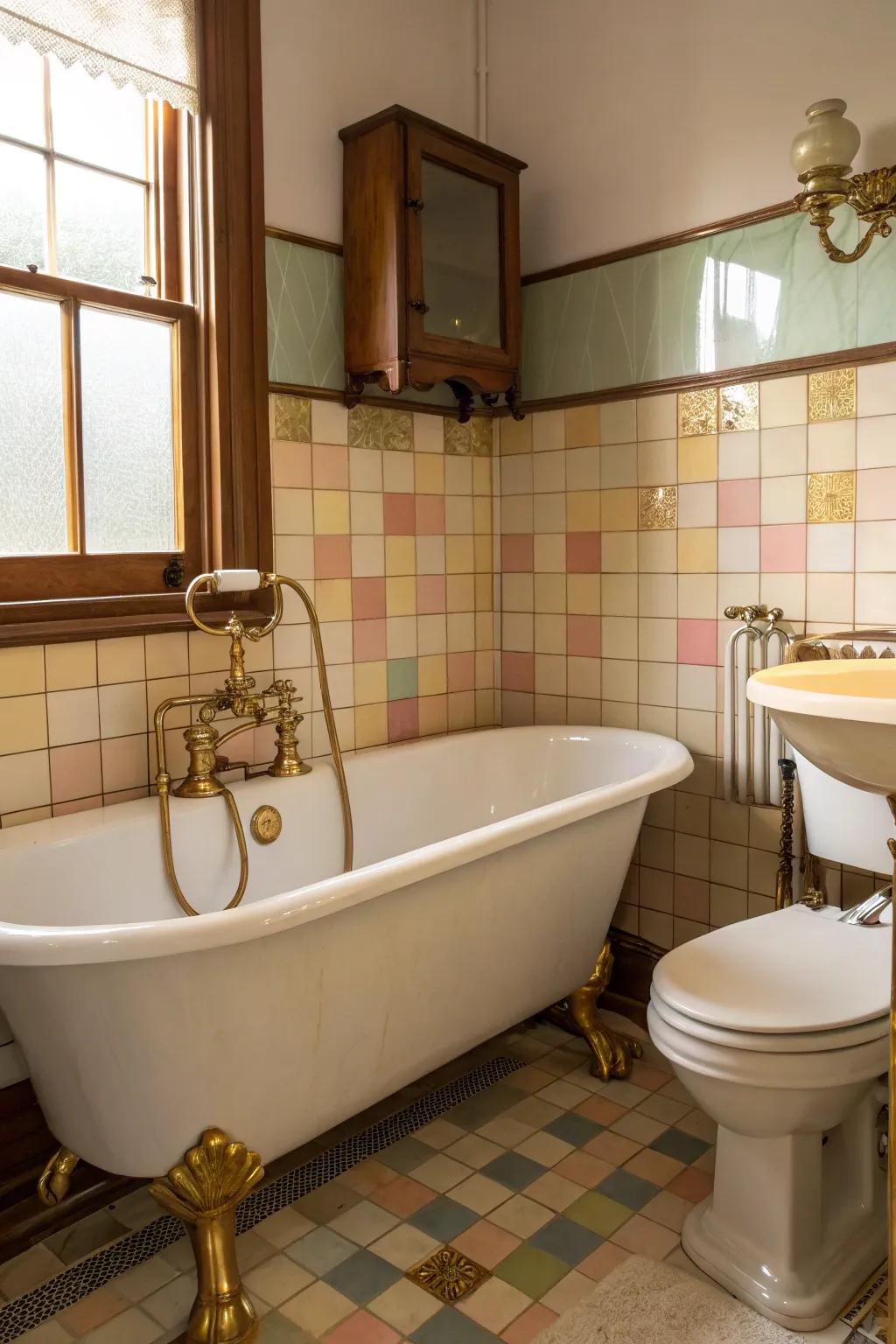 Brushed brass fixtures bringing vintage charm to the bathroom.