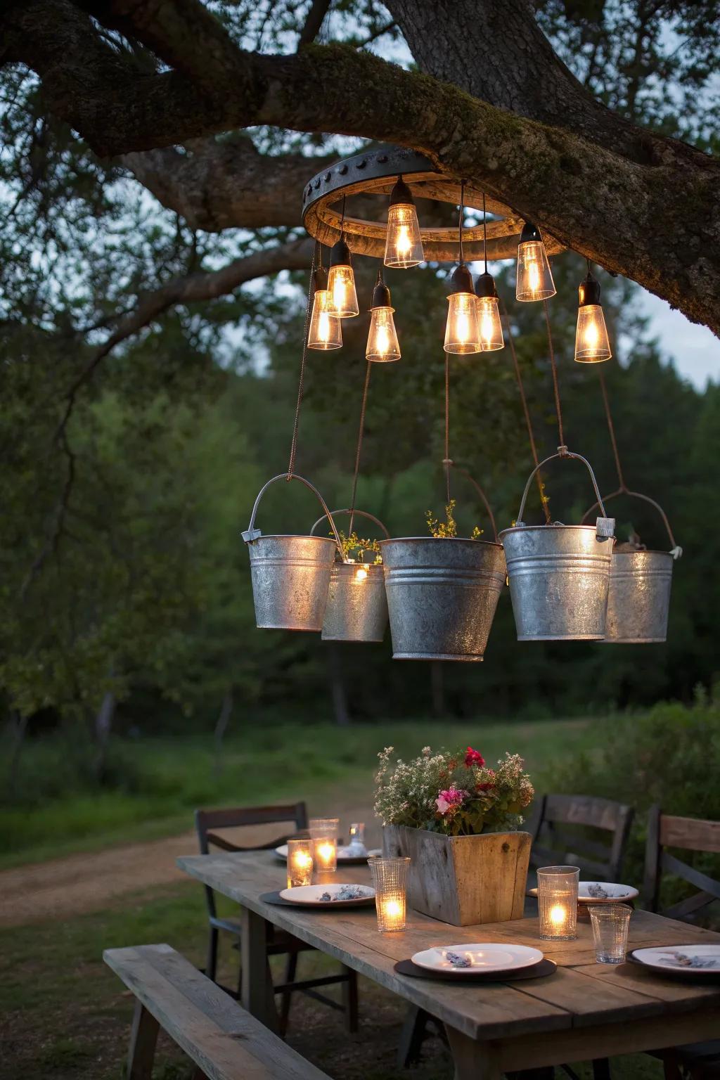 Illuminate your campsite with a handcrafted bucket chandelier for an elegant outdoor dining experience.