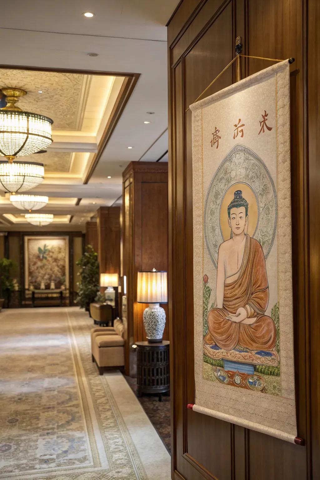 Silk scroll Buddha painting adds elegance to this traditional hallway.