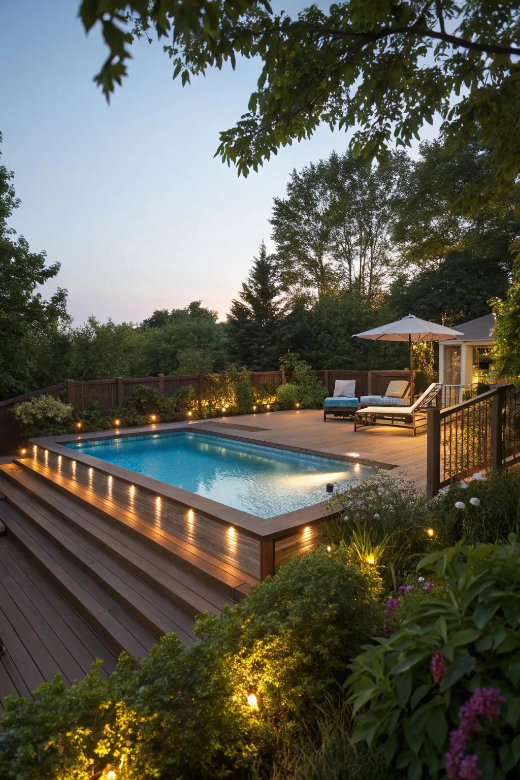 Built-in lighting transforms your pool area into an evening oasis.