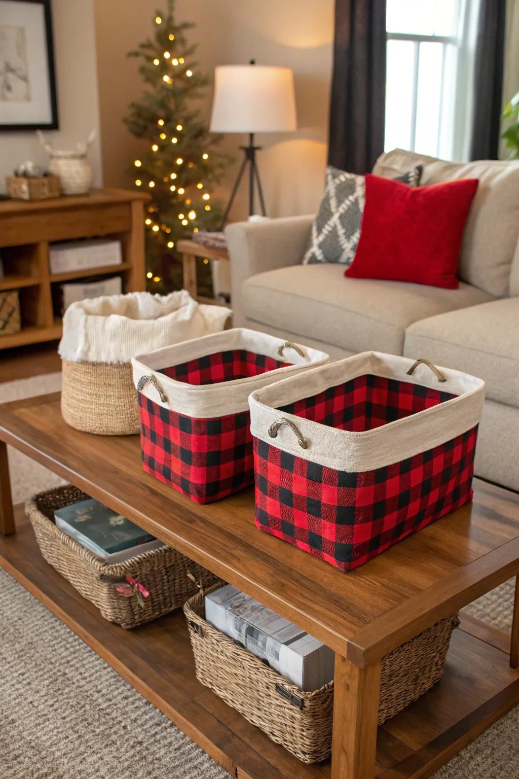 Buffalo plaid storage baskets offer a stylish solution to clutter.