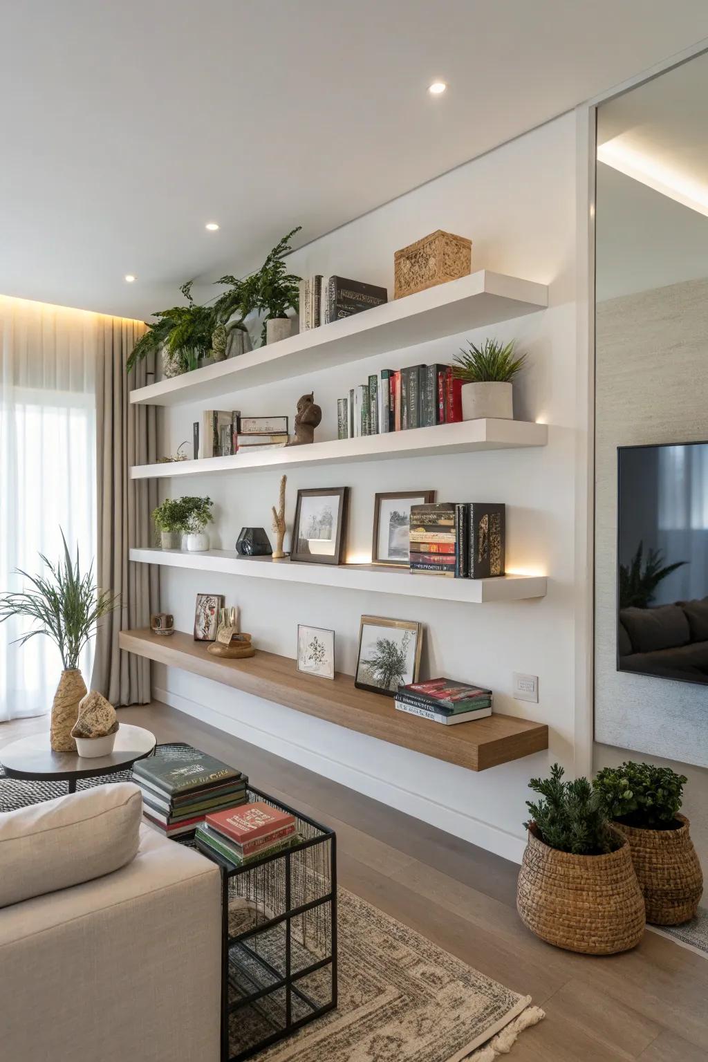 Floating shelves create a light, airy ambiance in the living room.