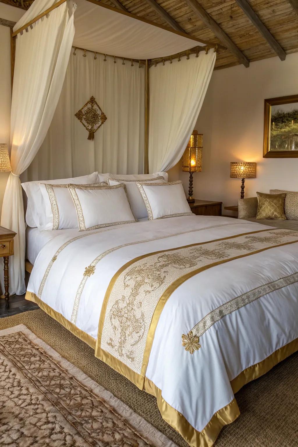 Elegant bedding with gold trim that adds a subtle touch of luxury.