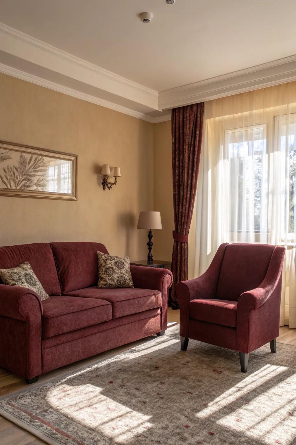 A cozy blend of burgundy and beige creates a warm living room ambiance.