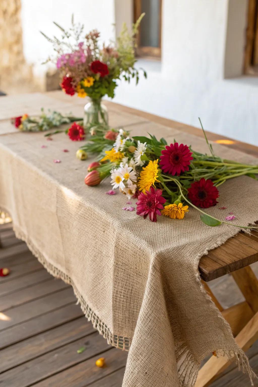 Embrace natural beauty with a burlap tablecloth and wildflower charm.