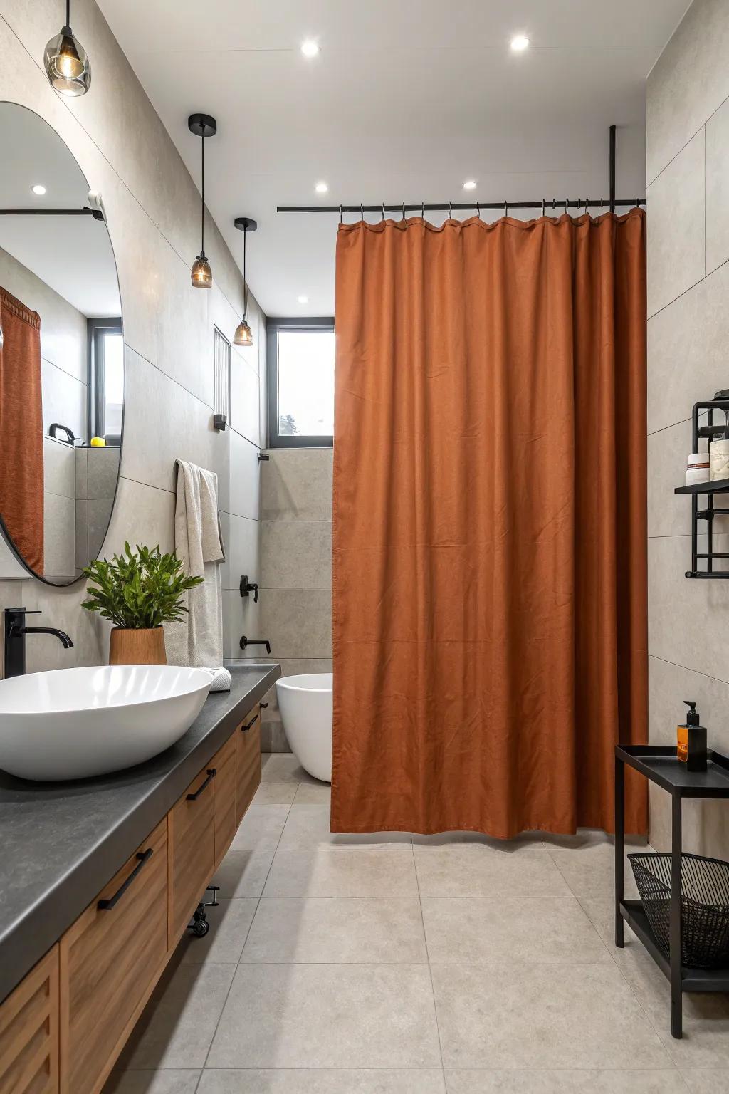 A burnt orange shower curtain adds a vibrant touch to this bathroom.