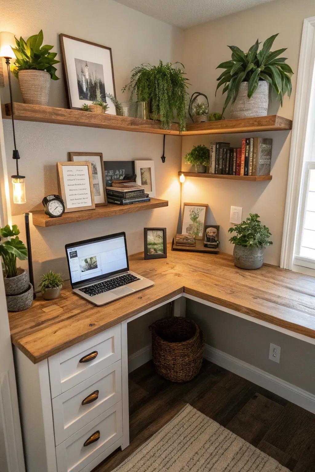 A customized corner butcher block desk maximizing space.