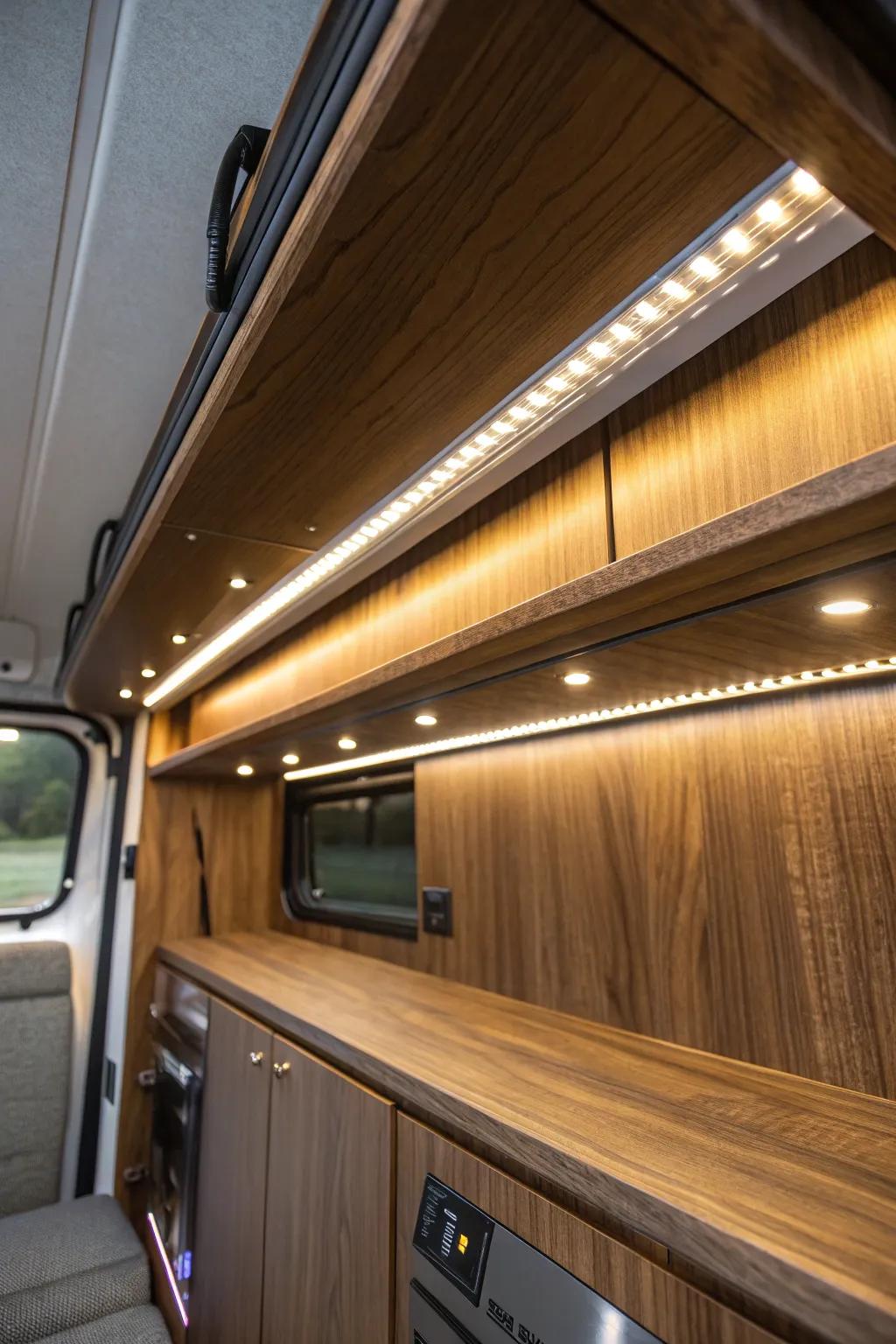 Transform your camper with stylish under shelf lighting for ultimate visibility and organization.