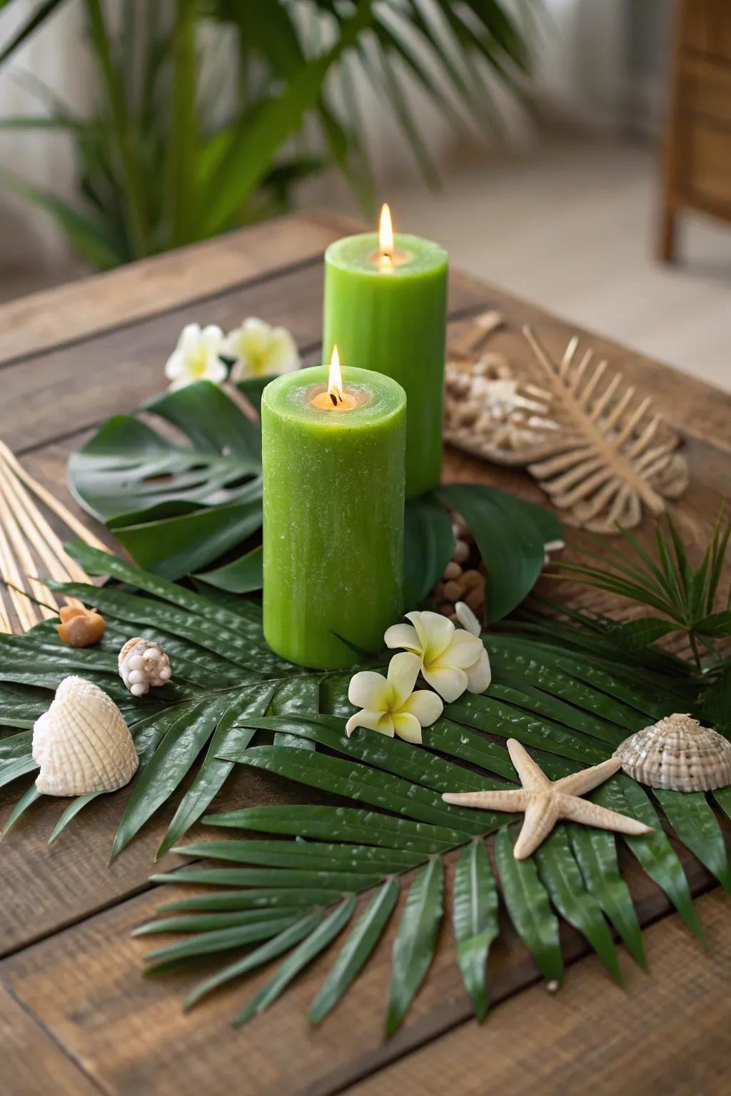 Escape to a tropical paradise with a vibrant and lush candle setup.