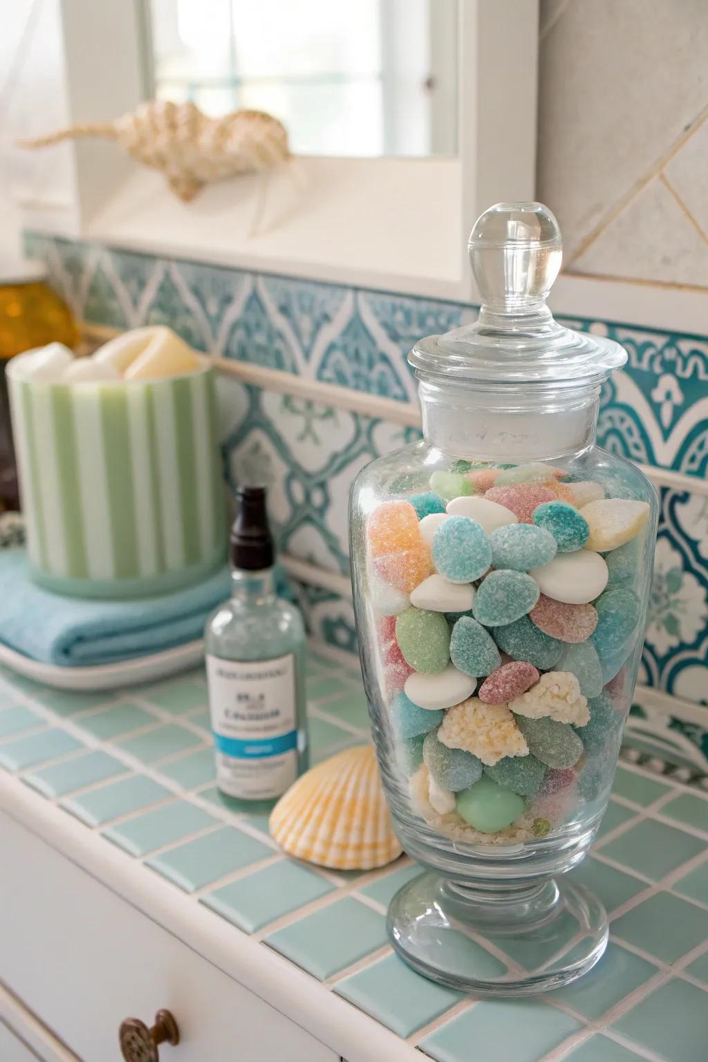 An ocean-inspired candy vase brings a touch of the beach indoors.