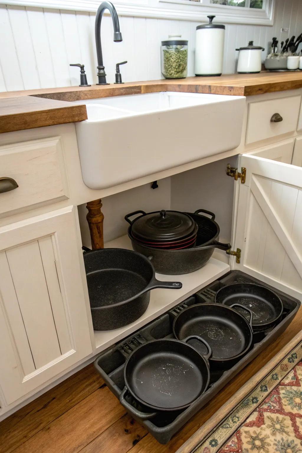 Under-sink storage for cast iron cookware.