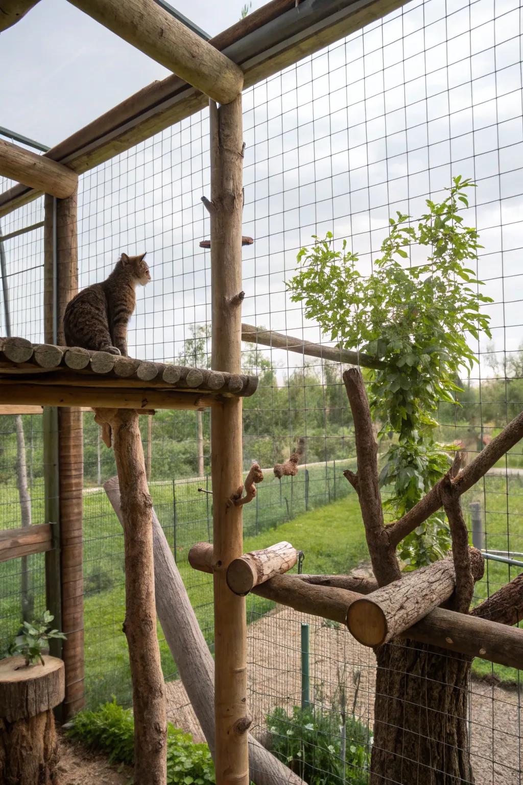 A catio with natural elements like branches and logs for climbing.