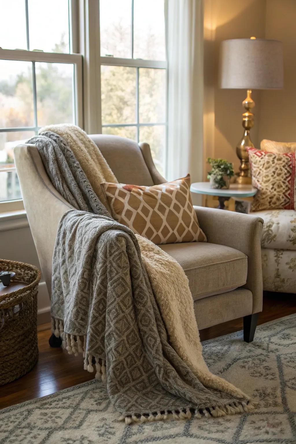 A cozy throw blanket adds warmth and style to chair decor.