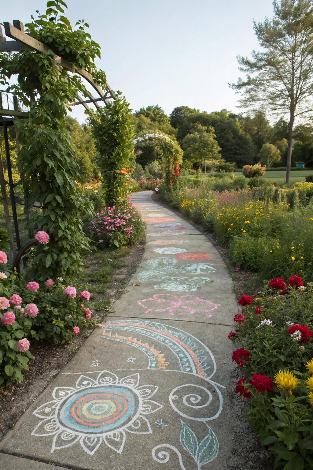 Chalk art pathways add a whimsical touch to garden paths.