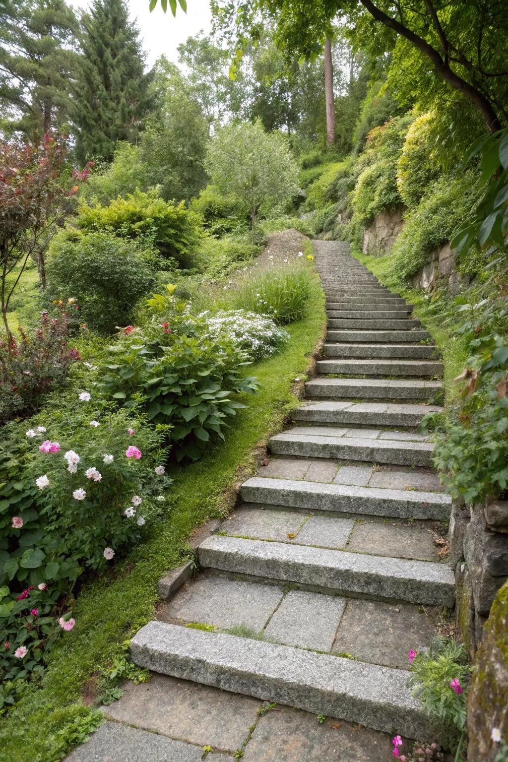 Compacted granite steps offer a stable solution for sloped paths.