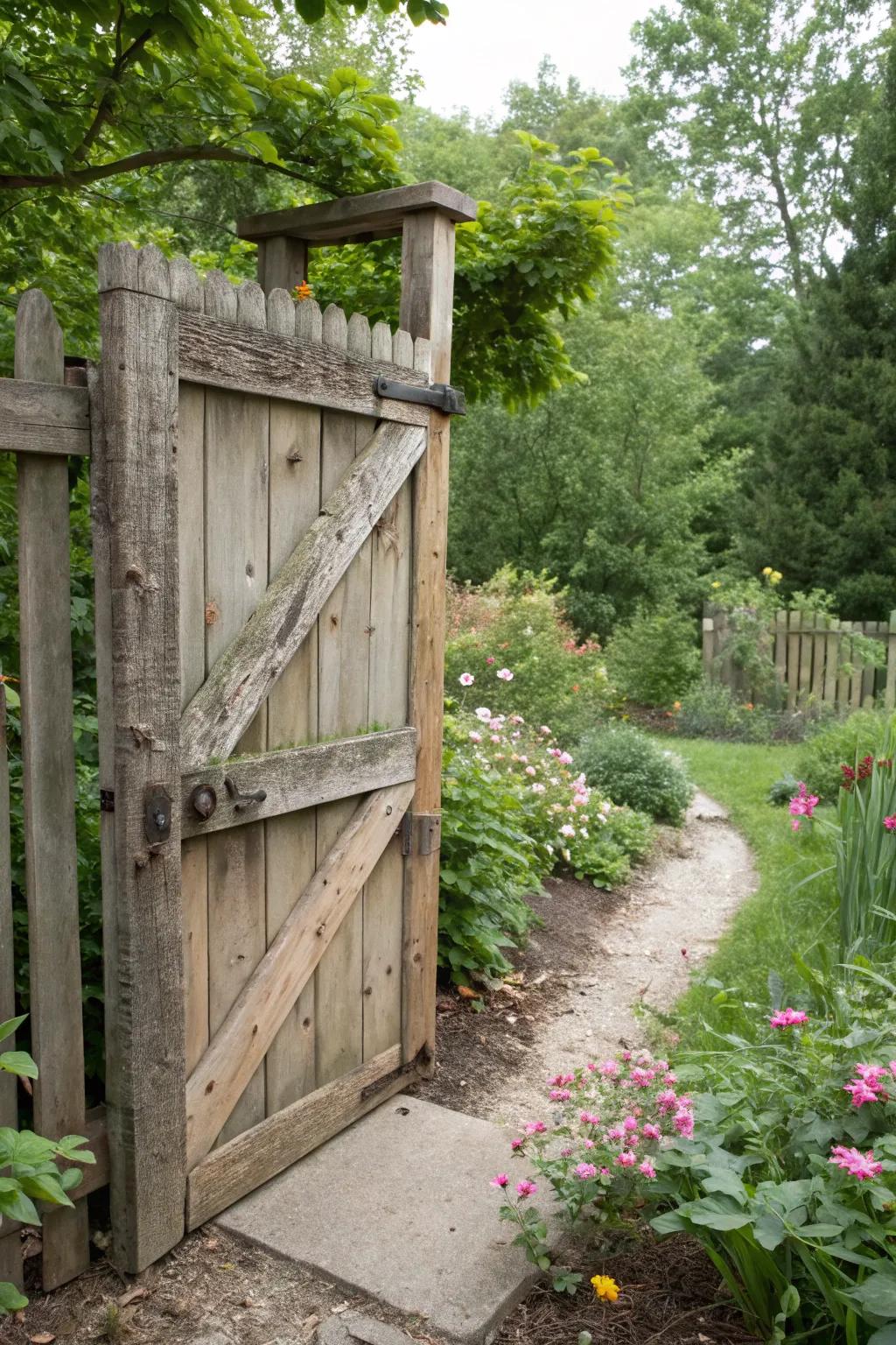 A rustic garden gate made from salvaged wood, adding history and texture to the garden.