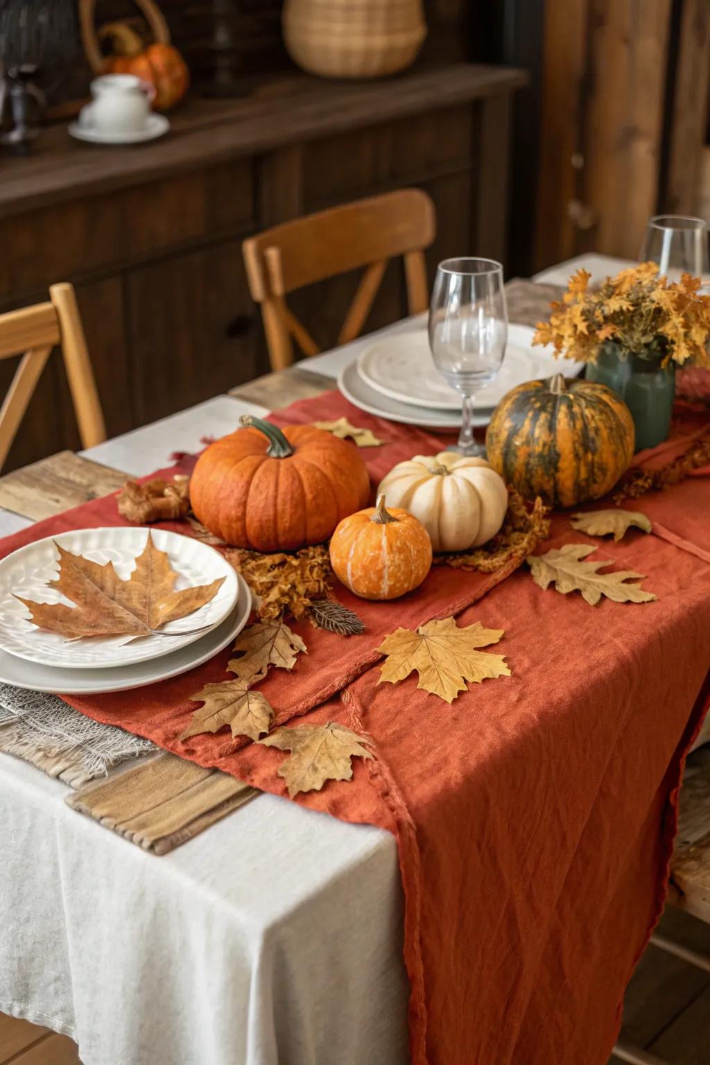 Autumn harvest setting with an orange cheesecloth runner.