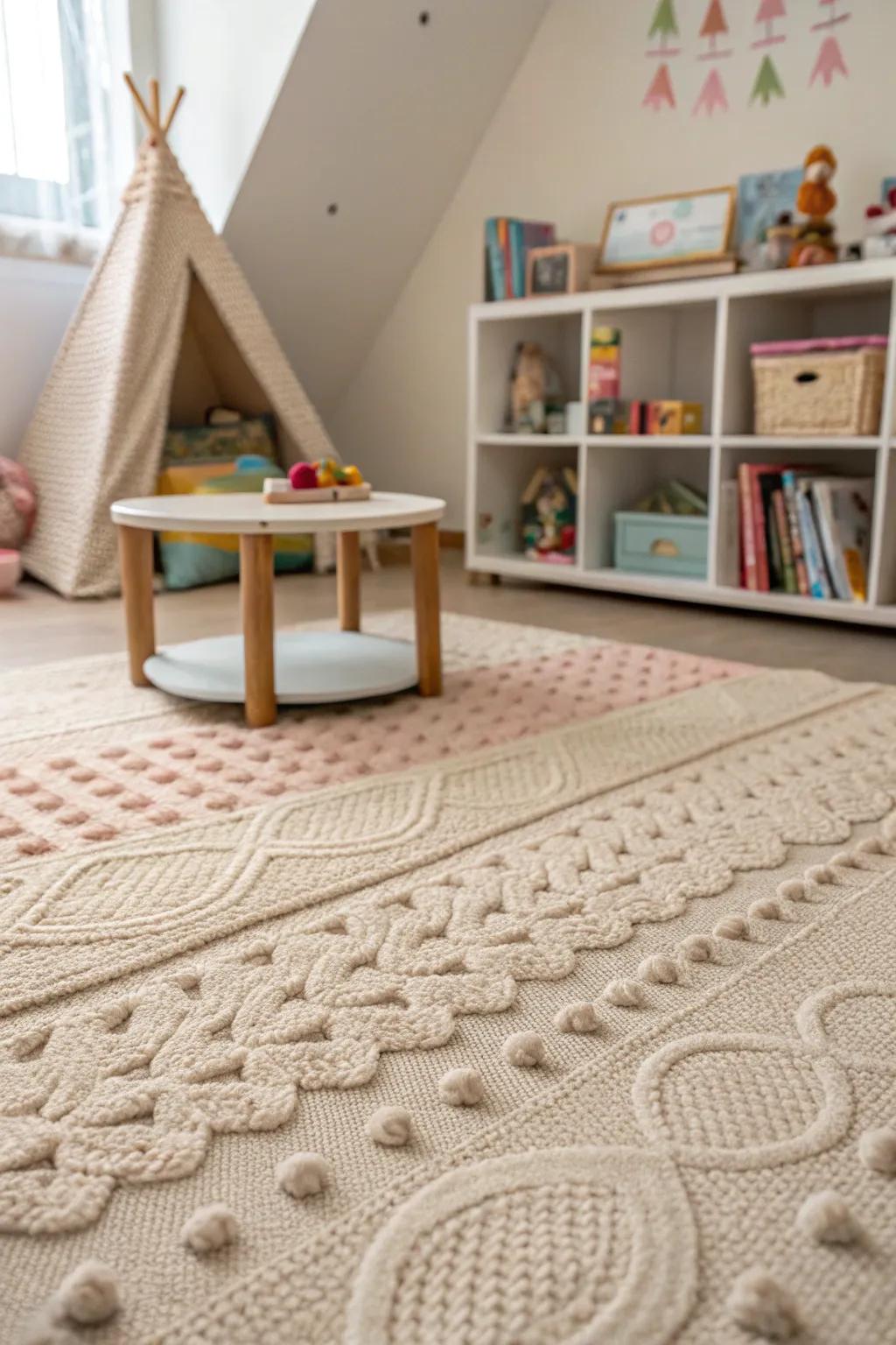 A children's room with a textured carpet, adding depth and interest.