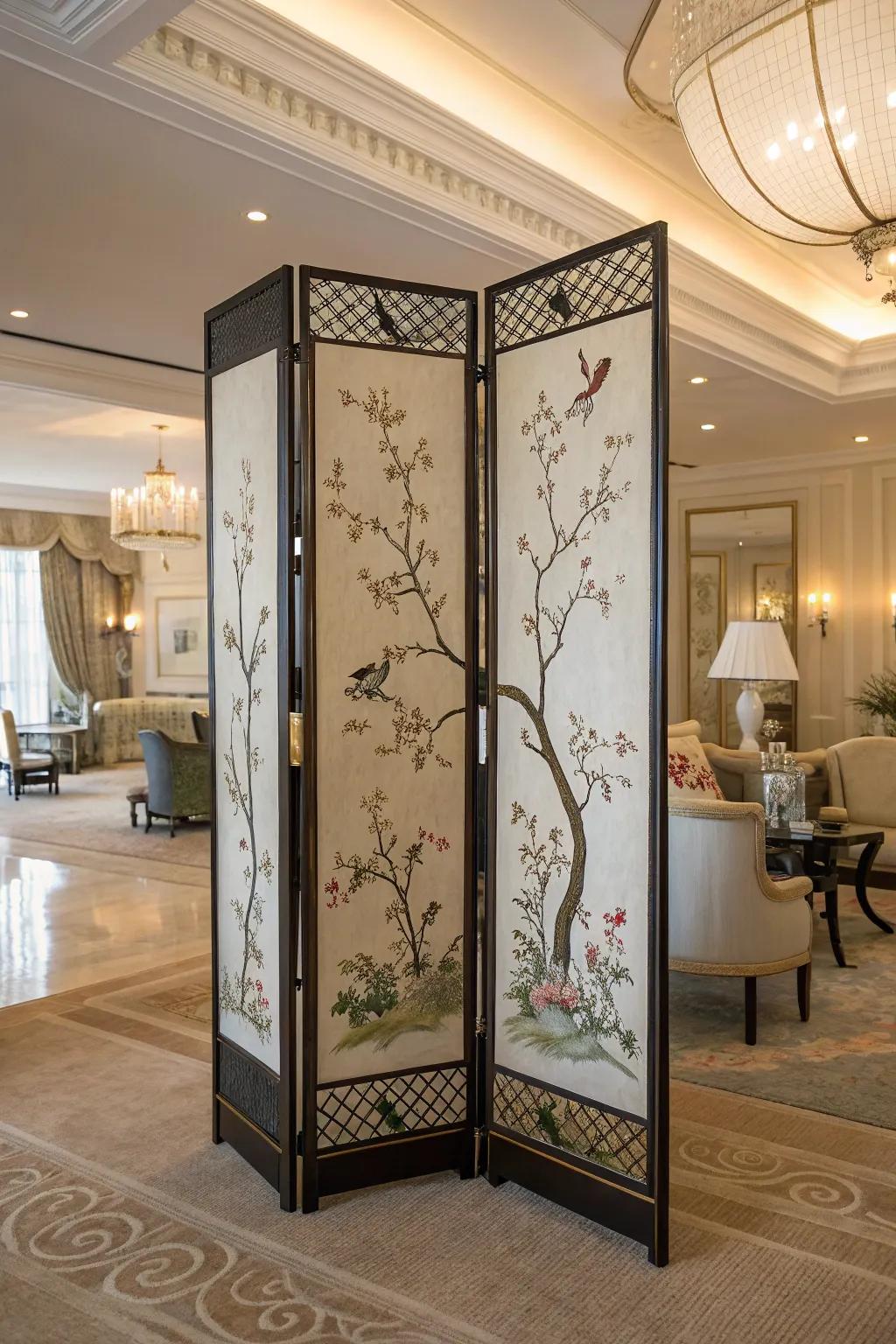 Chinoiserie screen enhancing the space with artful elegance.