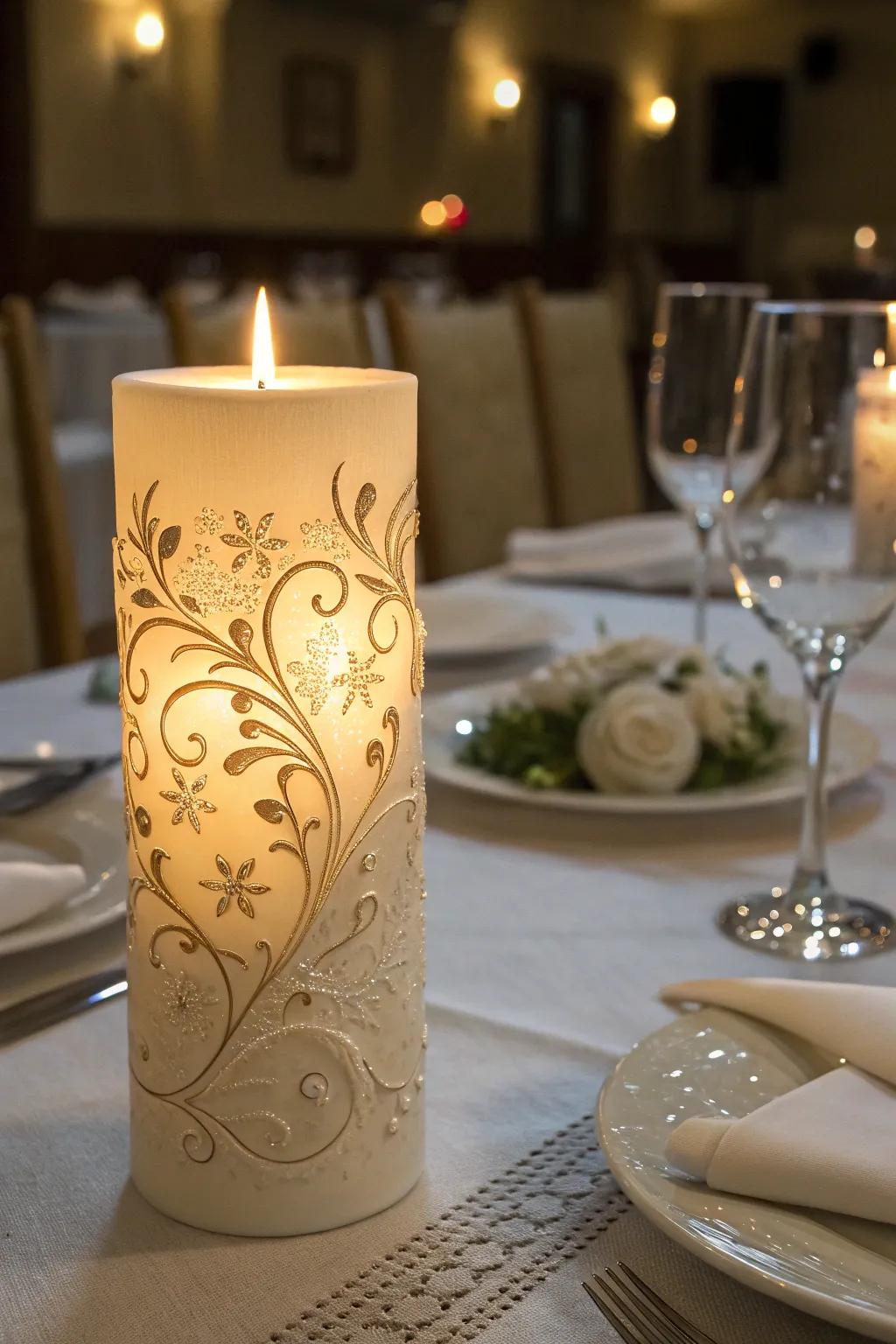 An engraved wedding candle with intricate designs.