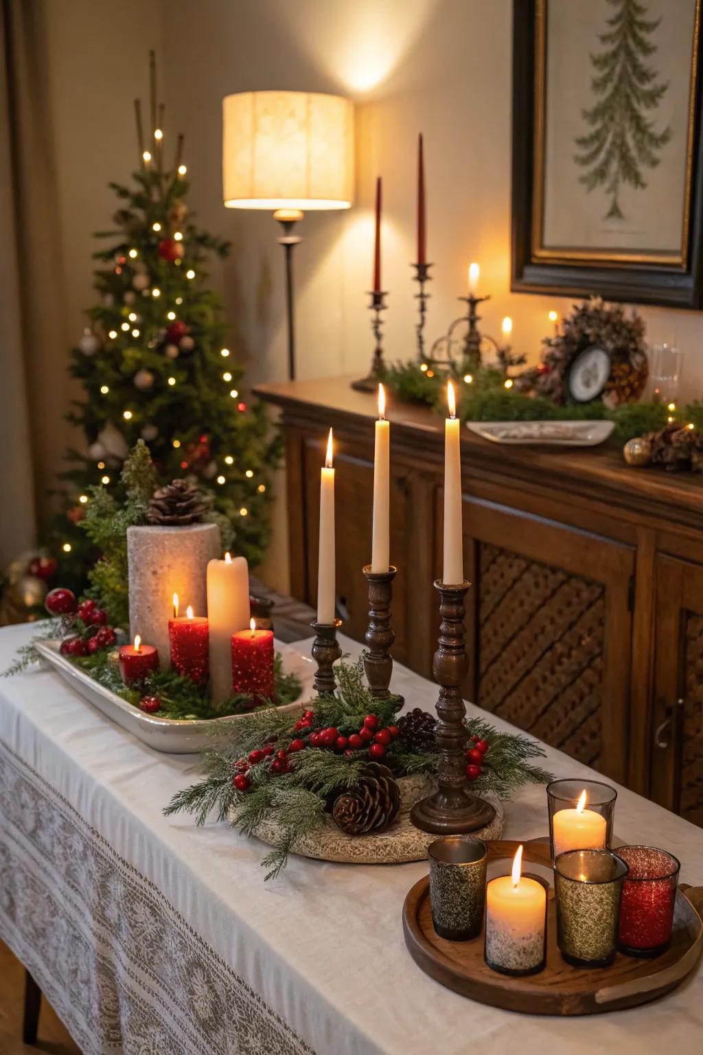 Decorative candles enhance the ambiance of your Christmas buffet.