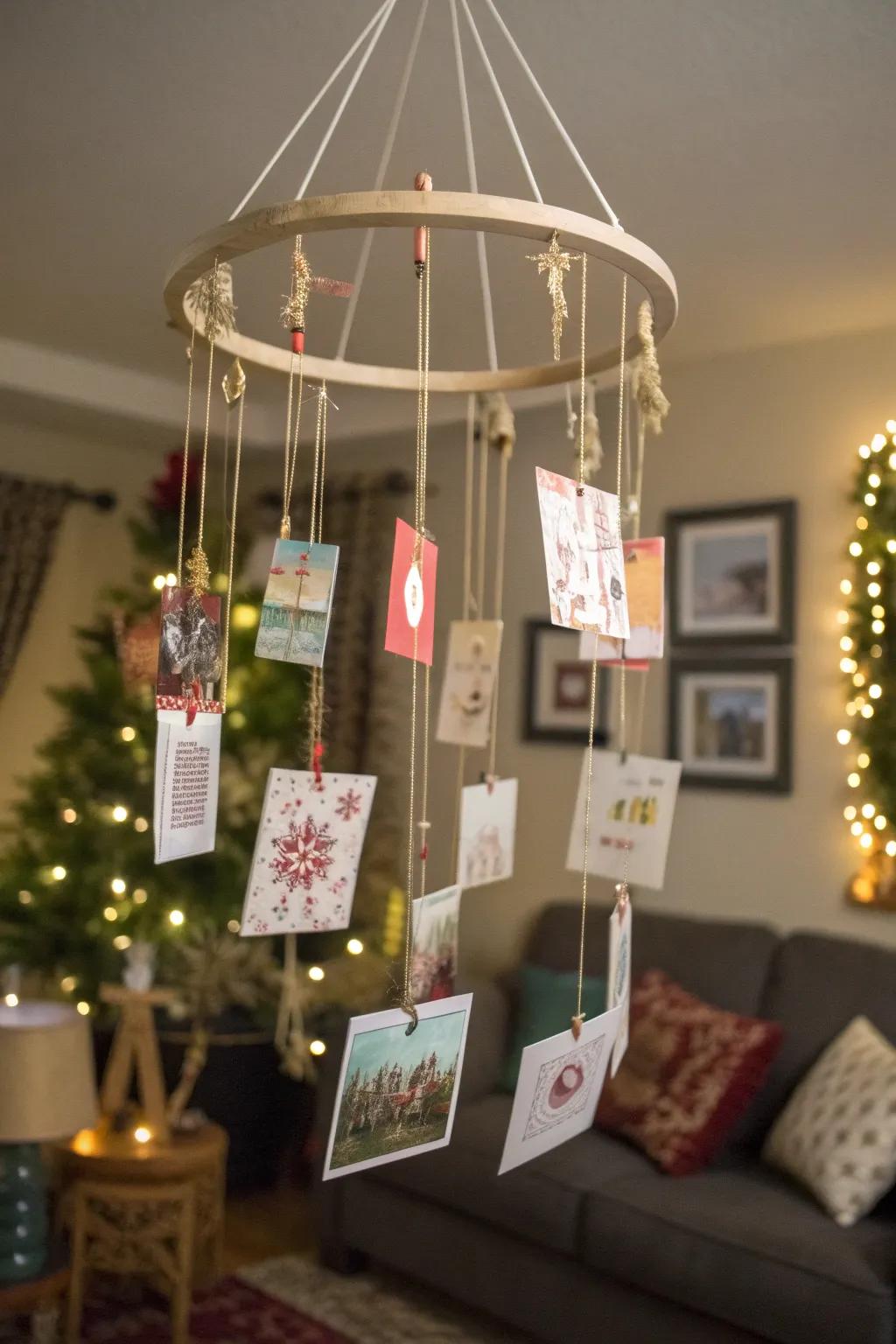 A playful card mobile adds movement to your holiday decor.