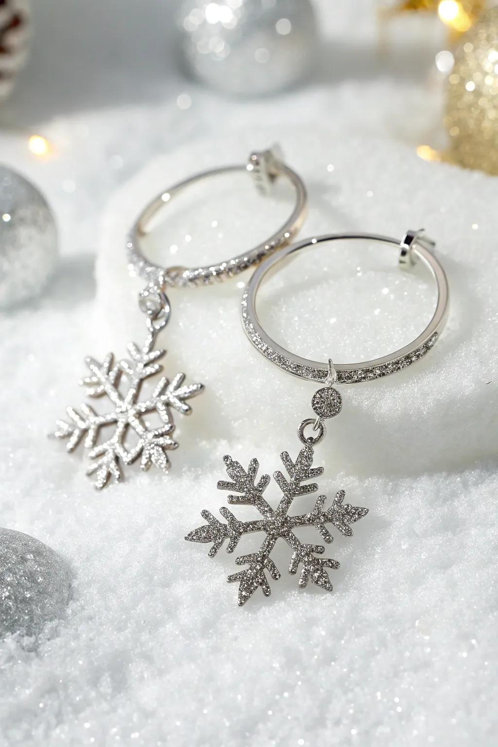 Bring winter elegance to your look with snowflake hoop earrings.