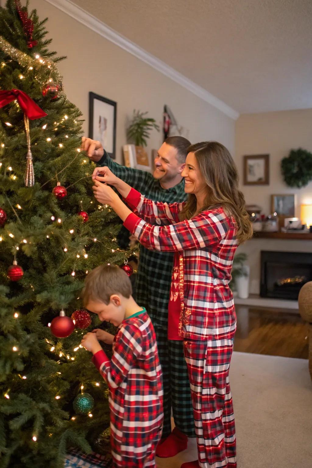 A lively family moment captured while decorating the Christmas tree.