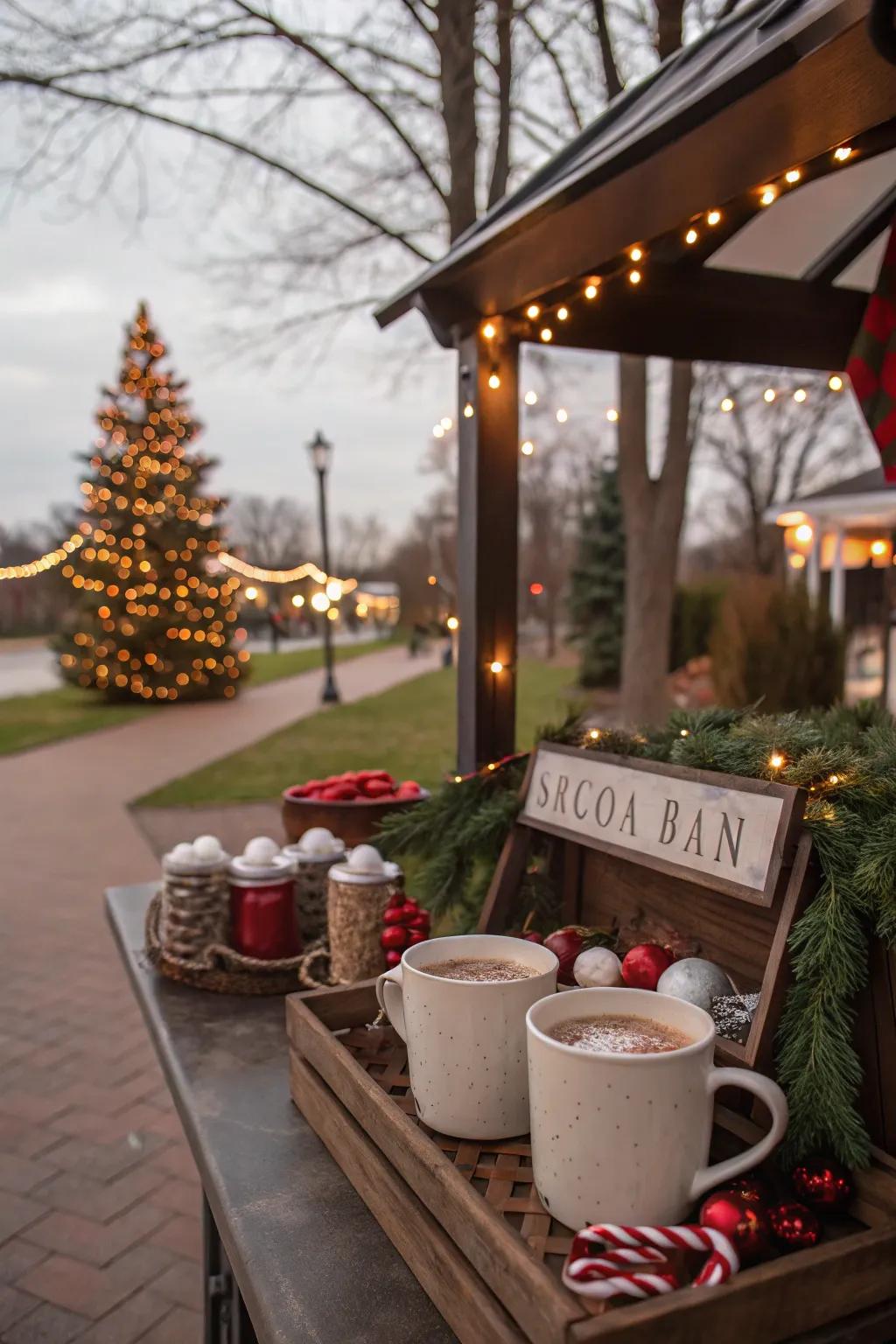 An outdoor cocoa bar invites guests to enjoy the chill.