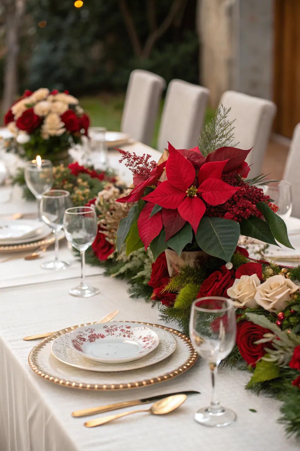 A vibrant table setting with festive floral arrangements.