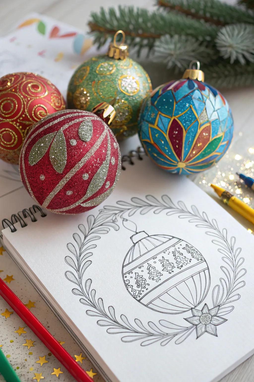 Festive ornament sketches, perfect for adding color to your art.