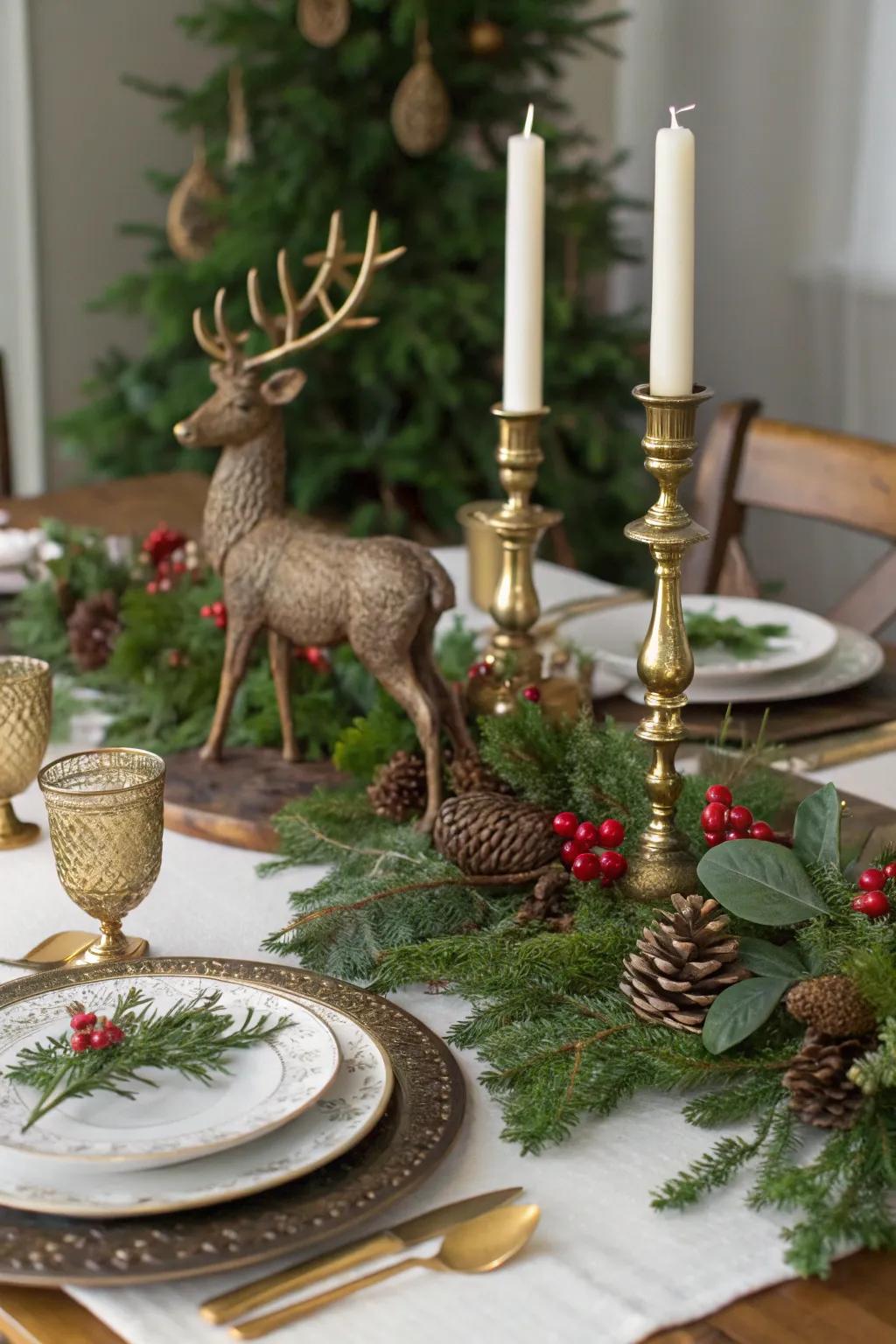 Woodland elements create an elegant and serene table.